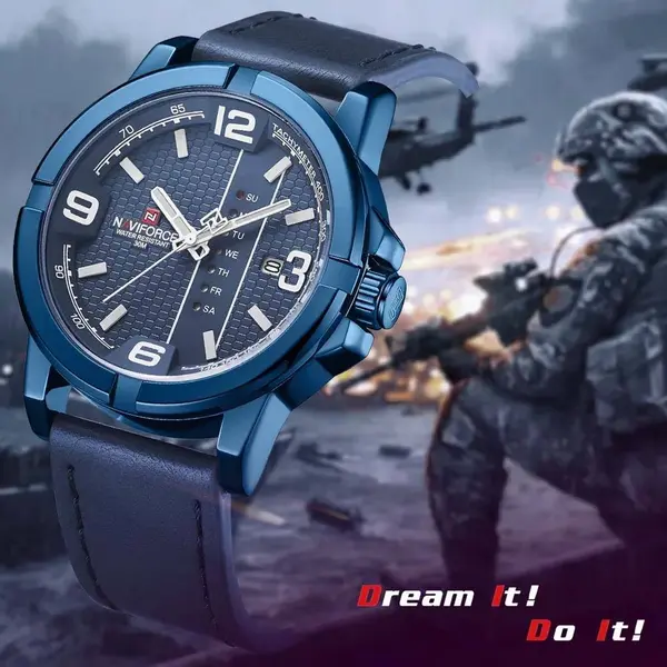 Naviforce NF9177 Top Quality Leather Strap Creative Calendar Unique Fashion Men's Watch – Dial Color: Blue, Strap Color: Blue – View 6