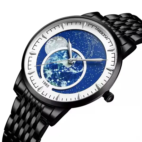 Nibosi 2539 New Sky Stars Design Stainless Steel Analog Men's Watch – Dial Color: Black, Strap Color: Black – View 2