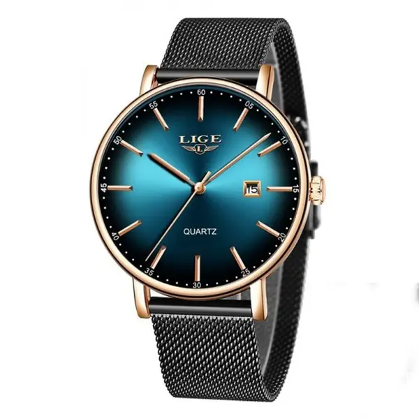 LIGE 9934 Analog Stainless Steel Mesh Belt Luxury Women's Watch – Dial Color: Green, Strap Color: Black – View 1