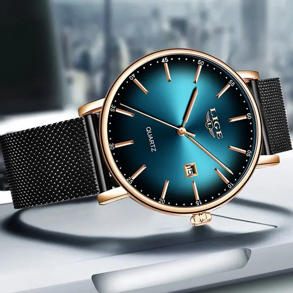 LIGE 9934 Analog Stainless Steel Mesh Belt Luxury Women's Watch – Dial Color: Green, Strap Color: Black – View 2