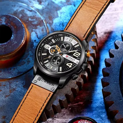 Curren 8393 High Quality Genuine Leather Straps Chronograph Men's Watch – Dial Color: Black, Strap Color:  Brown  – View 5