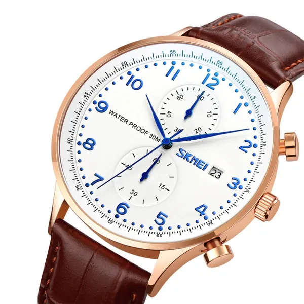 Skmei 9301 Leather Quartz Stainless Steel Men's Watch – Dial Color: Blue, Strap Color:  Brown  – View 2