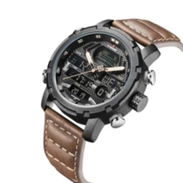 Naviforce NF9160 PU Leather Dual Time Men’s Wrist Watch – Dial Color: Black, Strap Color:  Brown  – View 2