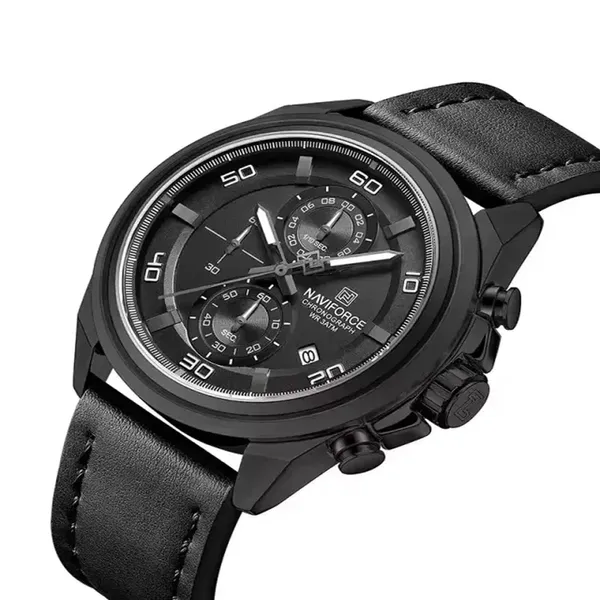 Naviforce 8075 Luxury Genuine Leather Straps Chronograph Sports Men's Watch – Dial Color: Black, Strap Color: Black – View 2