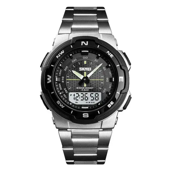 SKMEI 1370 Dual Time Premium Stainless Steel Sporty Men's Watch – Dial Color: Black, Strap Color: Silver – View 1