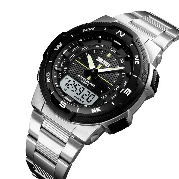 SKMEI 1370 Dual Time Premium Stainless Steel Sporty Men's Watch – Dial Color: Black, Strap Color: Silver – View 2