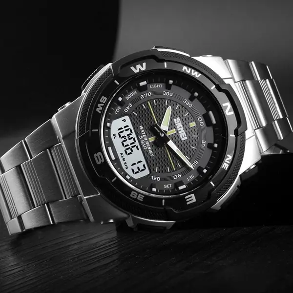 SKMEI 1370 Dual Time Premium Stainless Steel Sporty Men's Watch – Dial Color: Black, Strap Color: Silver – View 3