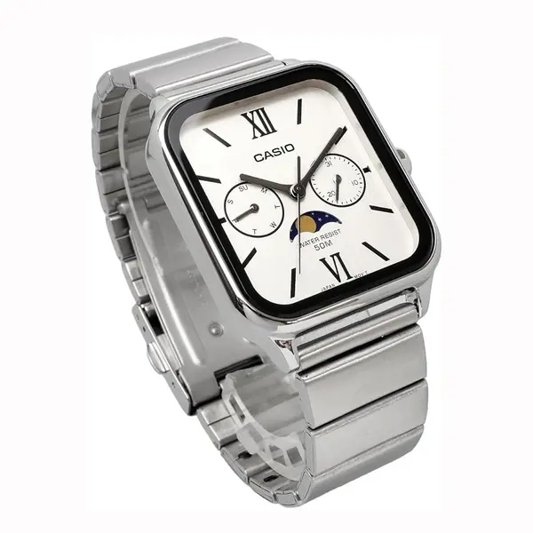 CASIO MTP-M305D-1A2VDF Moon Chaser Roman Hour Marker Silver Chain Unisex Analog Watch – Dial Color: White, Strap Color: Silver – View 5