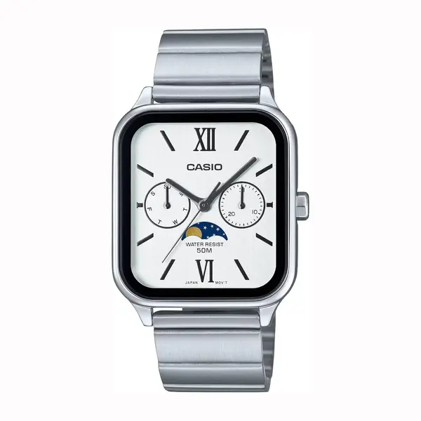 CASIO MTP-M305D-1A2VDF Moon Chaser Roman Hour Marker Silver Chain Unisex Analog Watch – Dial Color: White, Strap Color: Silver – View 1