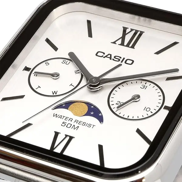 CASIO MTP-M305D-1A2VDF Moon Chaser Roman Hour Marker Silver Chain Unisex Analog Watch – Dial Color: White, Strap Color: Silver – View 2