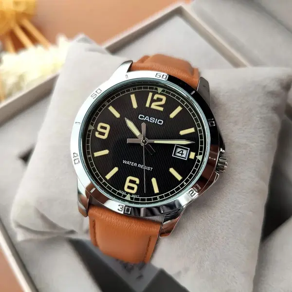 CASIO MTP-V004L-1BUDF Classic Leather Strap Stainless Steel Men's Analog Quartz Watch – Dial Color: Black, Strap Color:  Brown  – View 7