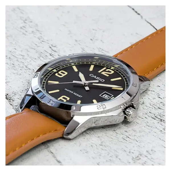 CASIO MTP-V004L-1BUDF Classic Leather Strap Stainless Steel Men's Analog Quartz Watch – Dial Color: Black, Strap Color:  Brown  – View 4