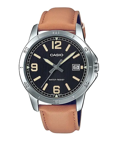 CASIO MTP-V004L-1BUDF Classic Leather Strap Stainless Steel Men's Analog Quartz Watch – Dial Color: Black, Strap Color:  Brown  – View 1