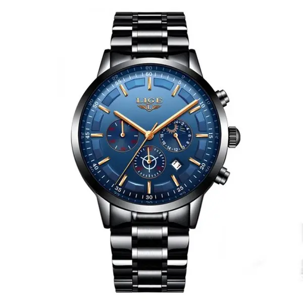 LIGE 9877 Stainless Steel Moon Phase Analog Luxury Men's Watch – Dial Color: Blue, Strap Color: Black – View 1