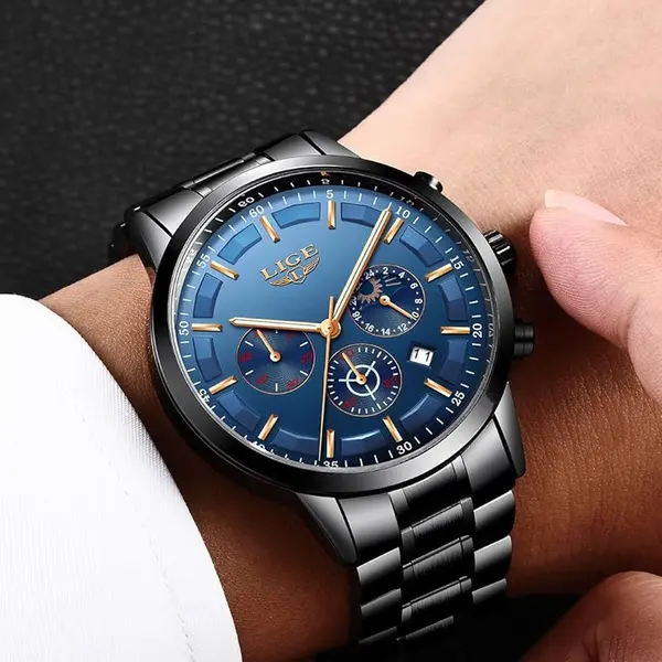 LIGE 9877 Stainless Steel Moon Phase Analog Luxury Men's Watch – Dial Color: Blue, Strap Color: Black – View 3