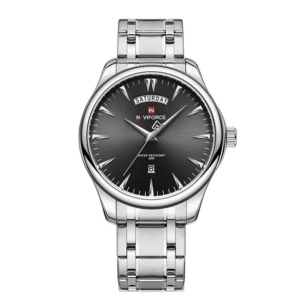 NAVIFORCE NF9213 Analog Waterproof Stainless Steel Watch For Men – Dial Color: Black, Strap Color: Silver – View 1