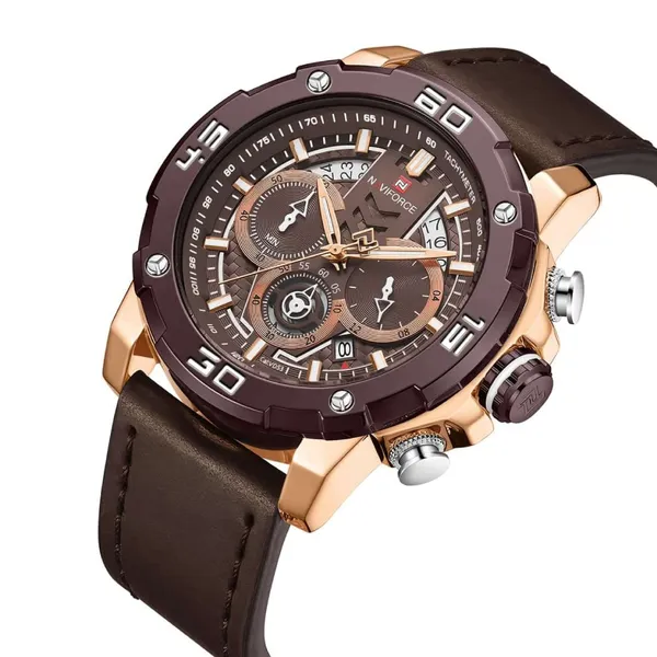 NAVIFORCE NF9175 Leather Chronograph Men's Watch – Dial Color: Rose, Strap Color: Rose – View 2