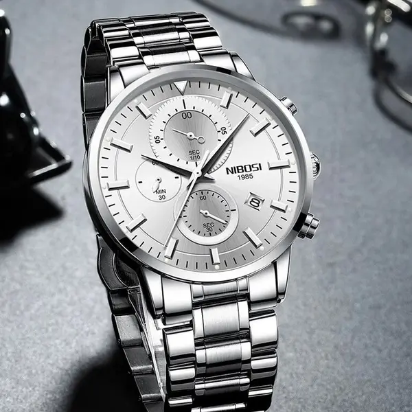 Nibosi 2390 Stainless Steel Chronograph Analog Men's Watch – Dial Color: Silver, Strap Color: Silver – View 2