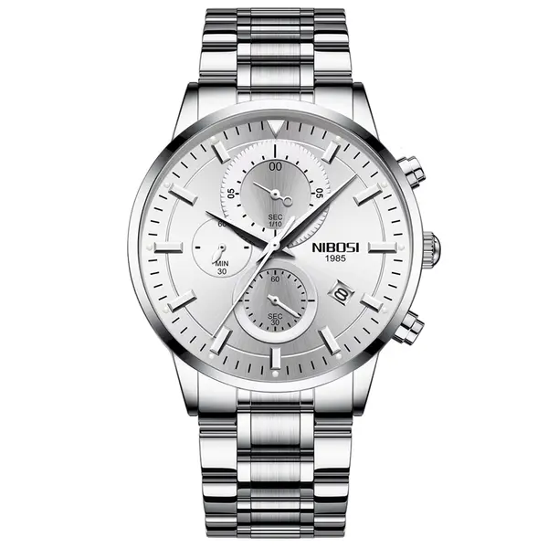Nibosi 2390 Stainless Steel Chronograph Analog Men's Watch – Dial Color: Silver, Strap Color: Silver – View 1