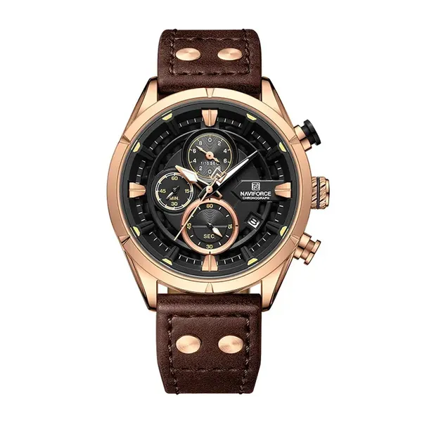 Naviforce NF8045 Vintage Sports Genuine Leather Men's Watch – Dial Color: Rose, Strap Color:  Brown  – View 1