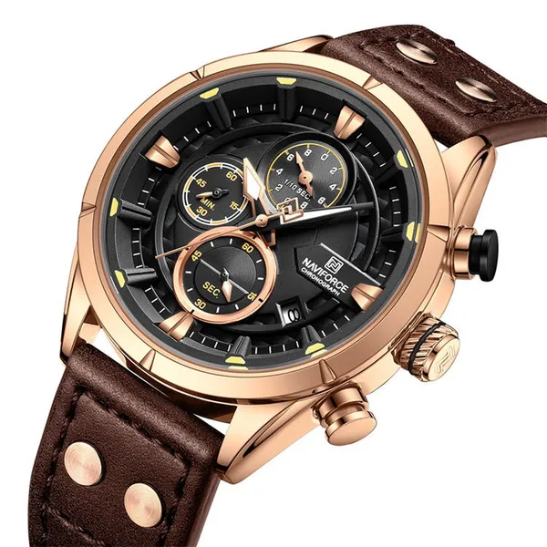 Naviforce NF8045 Vintage Sports Genuine Leather Men's Watch – Dial Color: Rose, Strap Color:  Brown  – View 2