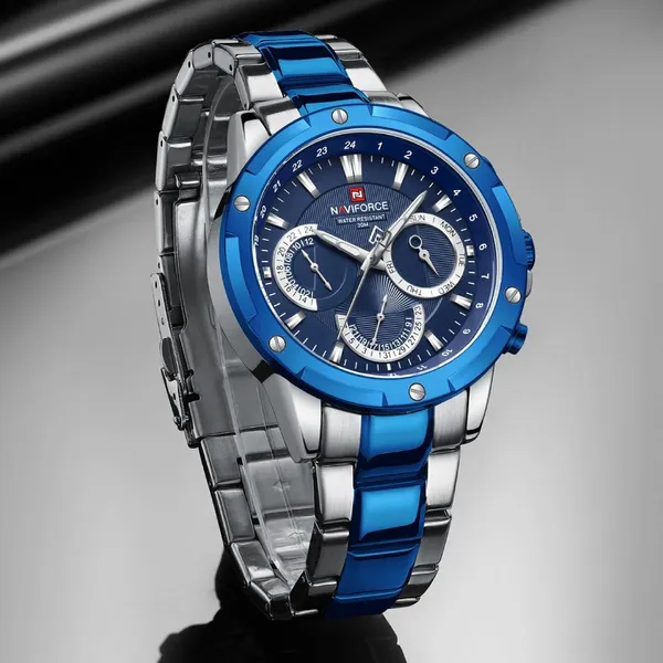 NAVIFORCE NF9196 Silver Stainless Steel Chronograph Men's Watch – Dial Color: Blue, Strap Color: Silver – View 3