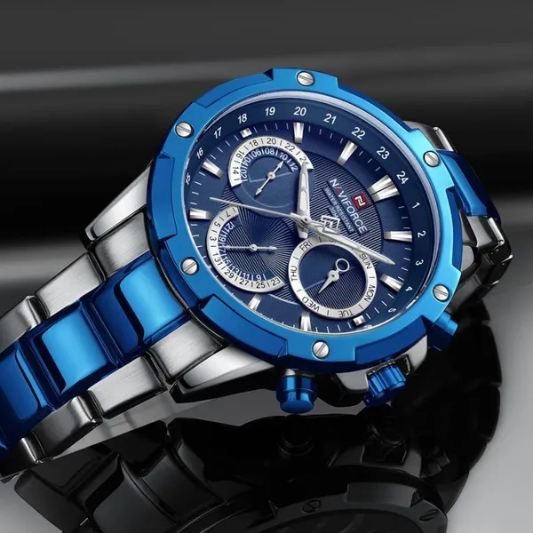 NAVIFORCE NF9196 Silver Stainless Steel Chronograph Men's Watch – Dial Color: Blue, Strap Color: Silver – View 4