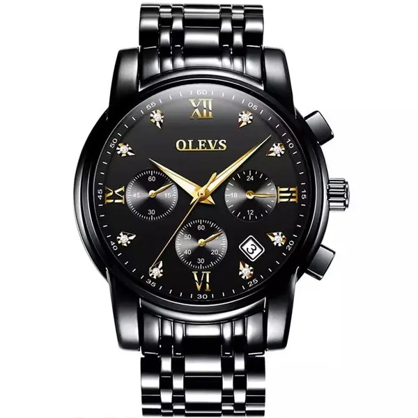 OLEVS 2858 Stainless Steel Waterproof Chronograph Luminous Men's Watch – Dial Color: Black, Strap Color: Black – View 1