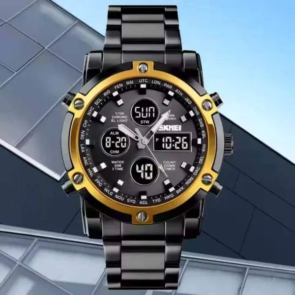 Skmei 1389 Stainless Steel Business Men’s Watch  – Dial Color: Gold, Strap Color: Black – View 3