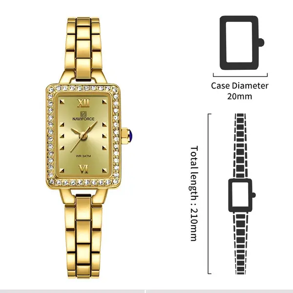 Naviforce NF5043 Luxury Stainless Steel Strap Chronograph Retro Versatile Fashion Women's Watch – Dial Color: Gold, Strap Color: Gold  – View 4
