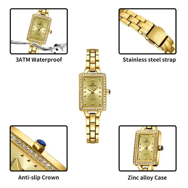 Naviforce NF5043 Luxury Stainless Steel Strap Chronograph Retro Versatile Fashion Women's Watch – Dial Color: Gold, Strap Color: Gold  – View 5