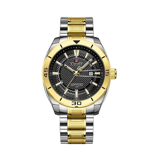 Naviforce NF9210 Luxury Stainless Steel Quartz Analog Men's Watch – Dial Color: Black, Strap Color: Gold – View 1