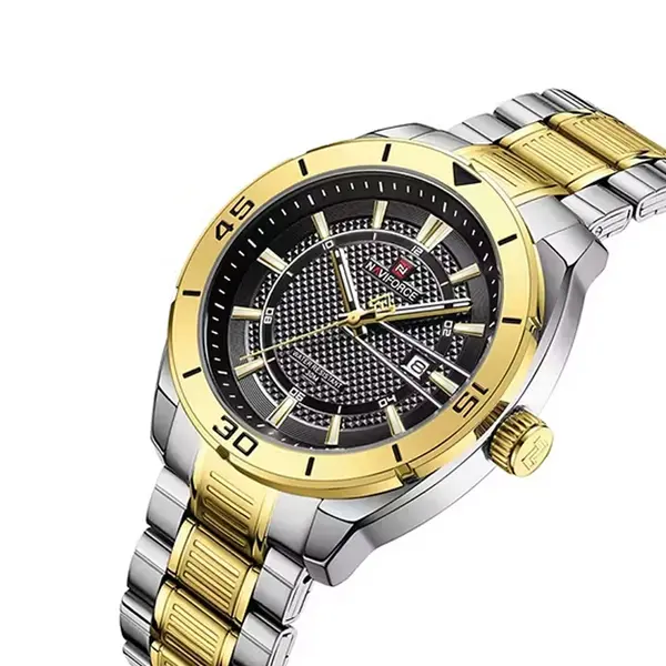 Naviforce NF9210 Luxury Stainless Steel Quartz Analog Men's Watch – Dial Color: Black, Strap Color: Gold – View 3