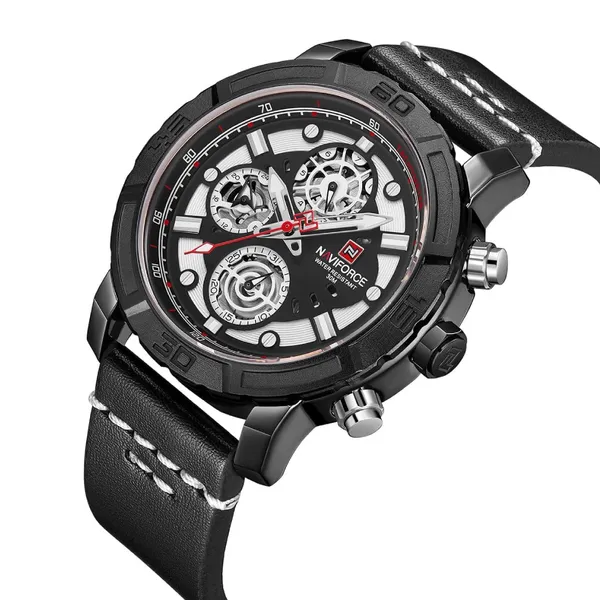 NAVIFORCE NF9139 PU Leather Chronograph Men's Watch – Dial Color: White, Strap Color: Black – View 2