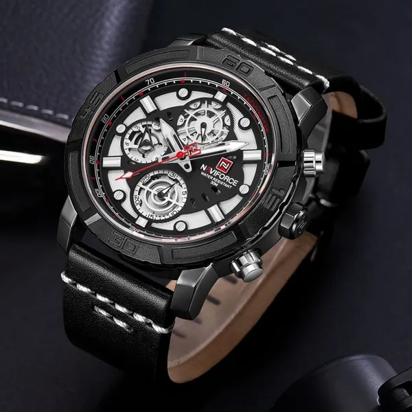 NAVIFORCE NF9139 PU Leather Chronograph Men's Watch – Dial Color: White, Strap Color: Black – View 3