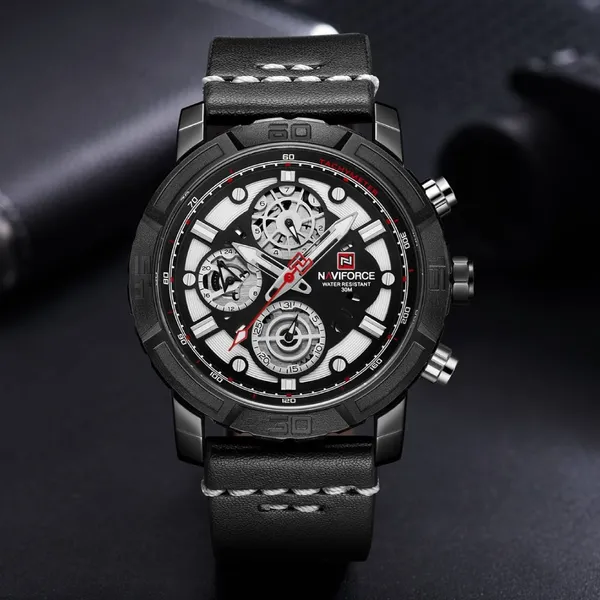 NAVIFORCE NF9139 PU Leather Chronograph Men's Watch – Dial Color: White, Strap Color: Black – View 4