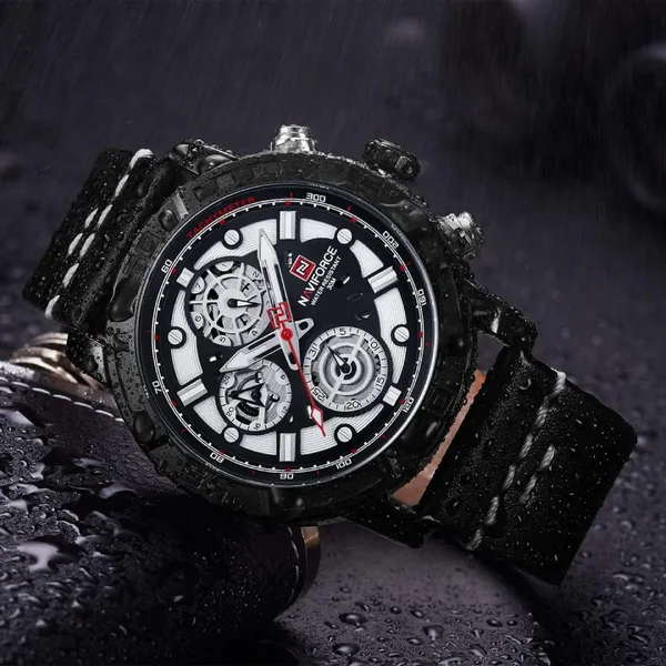 NAVIFORCE NF9139 PU Leather Chronograph Men's Watch – Dial Color: White, Strap Color: Black – View 5