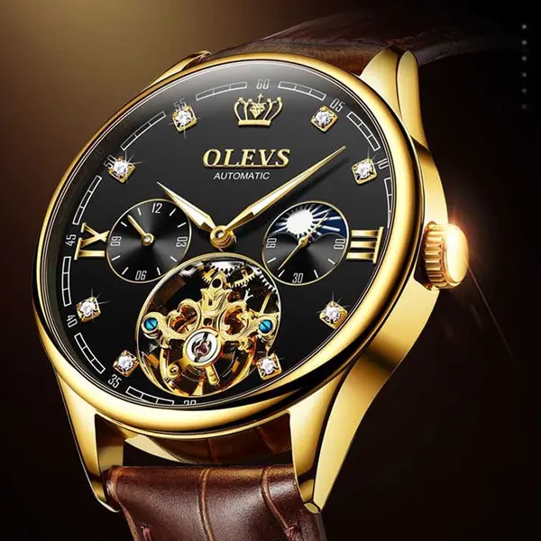 OLEVS 3601 Business Tourbillon Hollow Skeleton Waterproof Luminous Men's Watch – Dial Color: Black, Strap Color:  Brown  – View 5