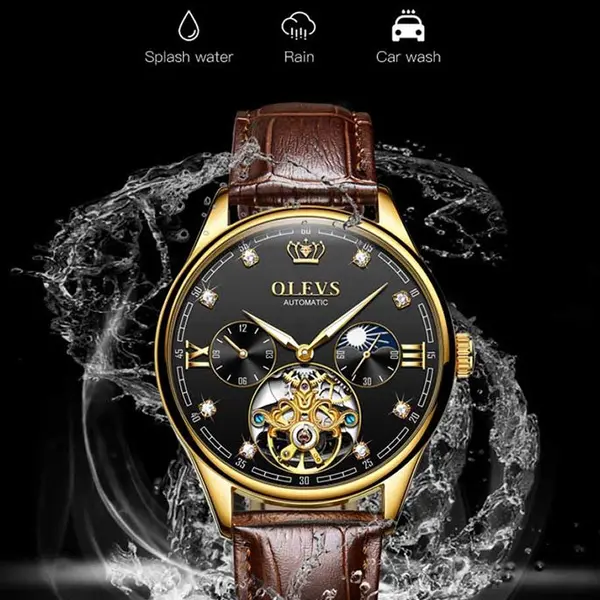 OLEVS 3601 Business Tourbillon Hollow Skeleton Waterproof Luminous Men's Watch – Dial Color: Black, Strap Color:  Brown  – View 8