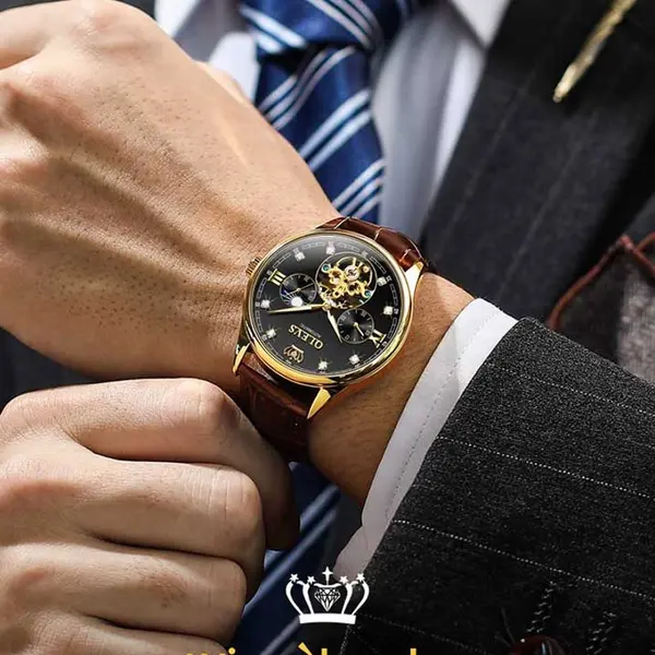 OLEVS 3601 Business Tourbillon Hollow Skeleton Waterproof Luminous Men's Watch – Dial Color: Black, Strap Color:  Brown  – View 3