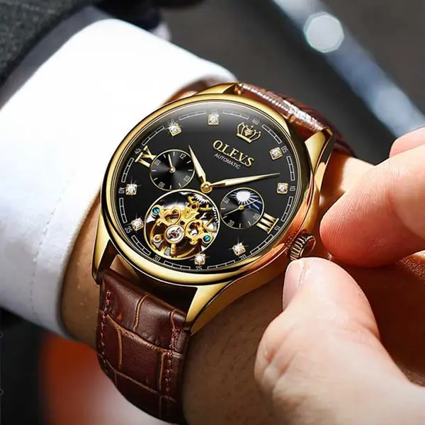 OLEVS 3601 Business Tourbillon Hollow Skeleton Waterproof Luminous Men's Watch – Dial Color: Black, Strap Color:  Brown  – View 4