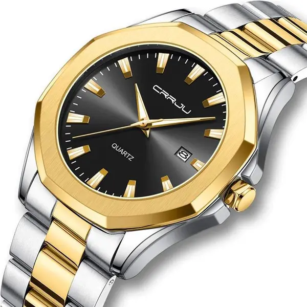 CRRJU 5004 High Quality Stainless Steel Quartz Analog Luxury Fashion Men's Watch – Dial Color: Black, Strap Color: White Gold – View 2
