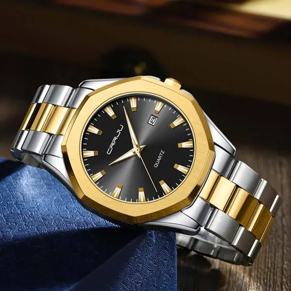 CRRJU 5004 High Quality Stainless Steel Quartz Analog Luxury Fashion Men's Watch – Dial Color: Black, Strap Color: White Gold – View 3
