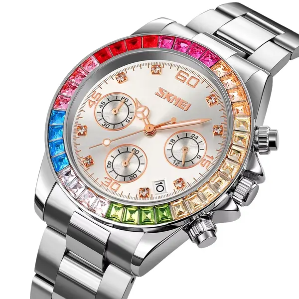 Skmei 9367 New Arrival Stainless Steel Strap Calendar Colorful Ladies Wristwatch – Dial Color: Silver, Strap Color: Silver – View 2