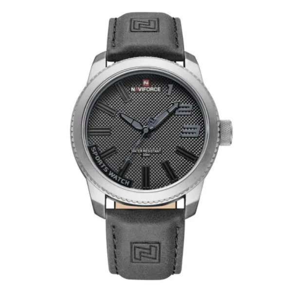 Naviforce 9202 Casual Leather Men's Watch – Dial Color: Grey, Strap Color: Grey – View 1