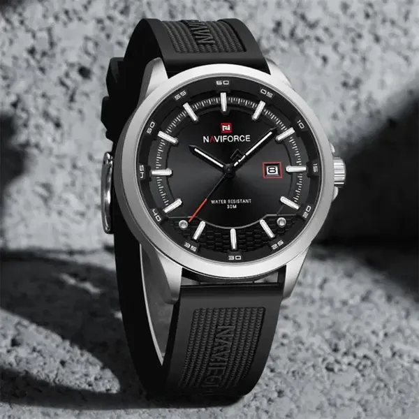 Naviforce 9248T Lightweight Comfortable Silicone Band Simple Sports Men's Watch – Dial Color: Silver, Strap Color: Black – View 2