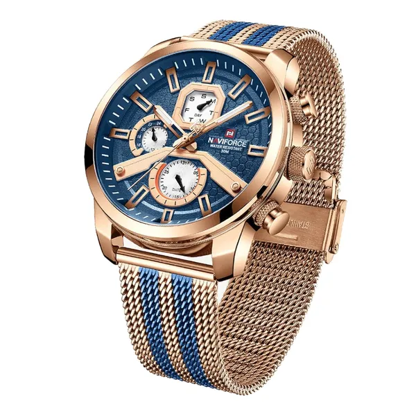 NaviForce NF9211 Chronograph Stainless Steel Luminous Men's Watch – Dial Color: Blue, Strap Color: Rose – View 4