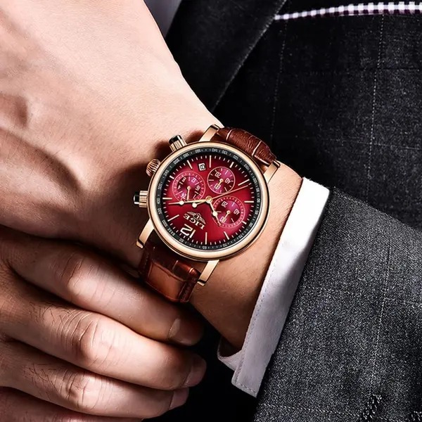 LIGE 8927 Analog Premium Leather Strap Men's Luxury Watch – Dial Color: Red, Strap Color: Red – View 3