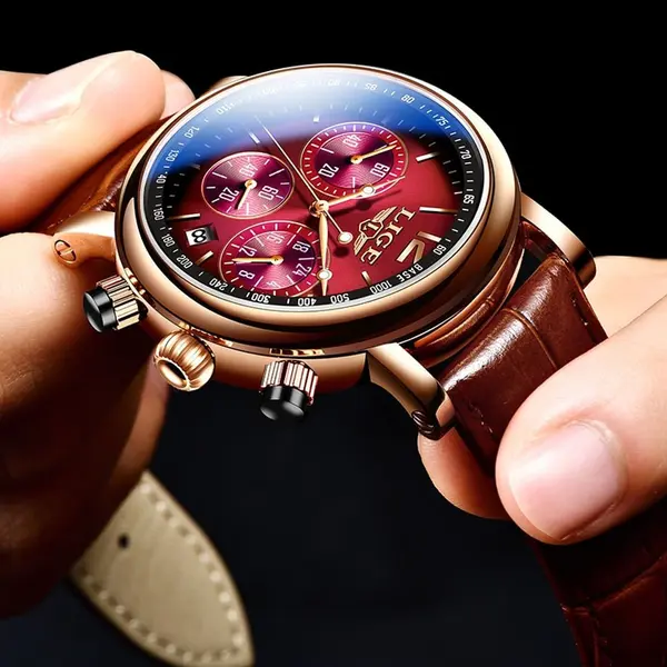 LIGE 8927 Analog Premium Leather Strap Men's Luxury Watch – Dial Color: Red, Strap Color: Red – View 4