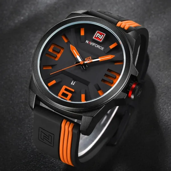 NAVIFORCE 9098 Quartz Sport Waterproof Silicone Men's Watch – Dial Color: Orange, Strap Color: Black – View 3